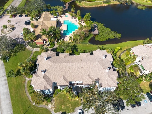 drone / aerial view with a water view