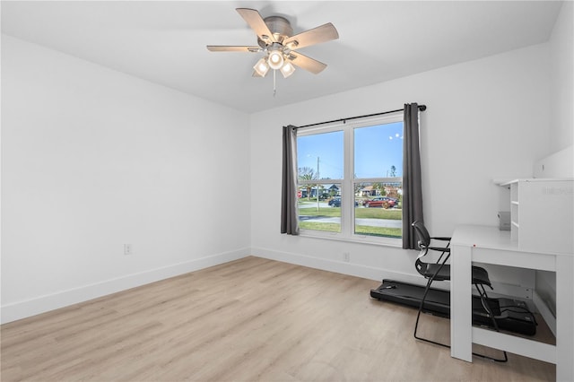 office space with ceiling fan and light hardwood / wood-style flooring