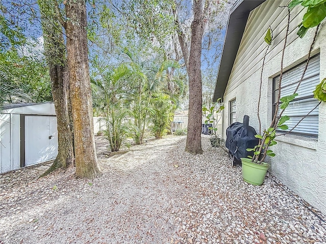 view of yard featuring a storage unit