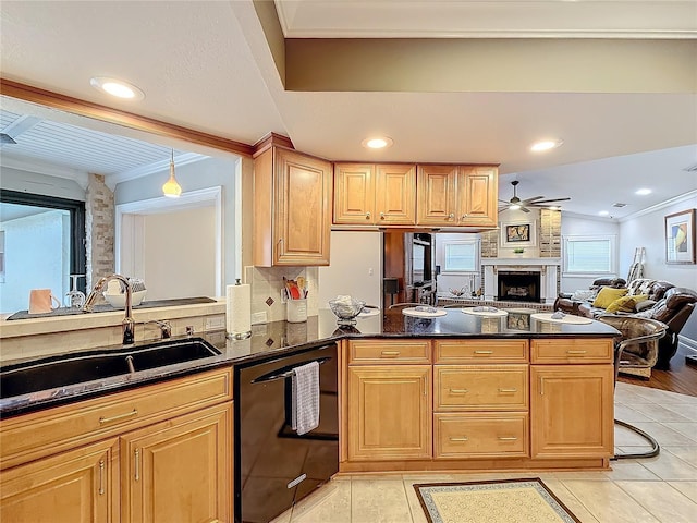 kitchen featuring black dishwasher, sink, ornamental molding, ceiling fan, and kitchen peninsula