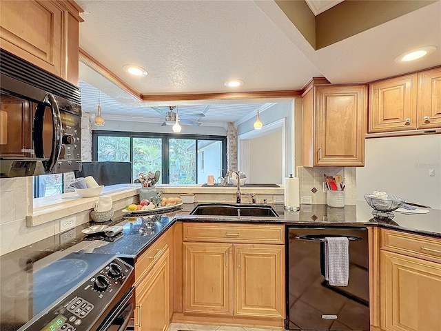 kitchen with tasteful backsplash, crown molding, sink, and black appliances