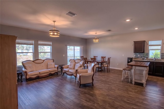 living room featuring dark hardwood / wood-style floors and sink