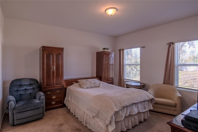 bedroom with multiple windows and light colored carpet