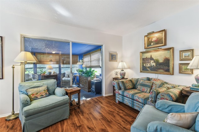 living room with a textured ceiling and dark hardwood / wood-style flooring