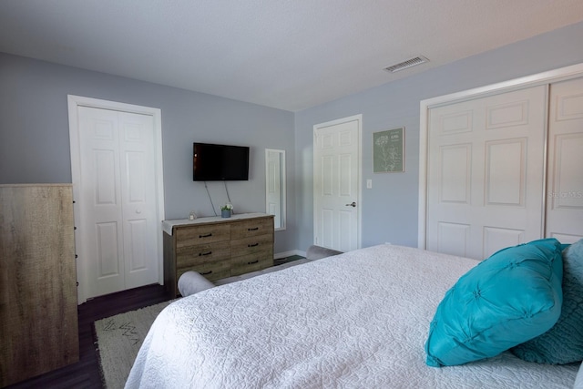 bedroom with dark hardwood / wood-style flooring and two closets