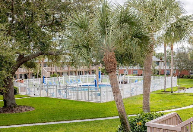 view of swimming pool featuring a lawn