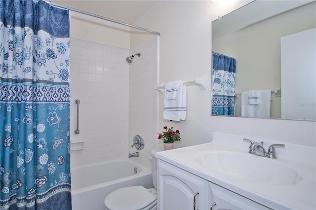 full bathroom with vanity, toilet, and shower / bath combination with curtain