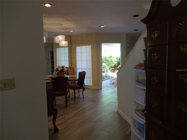 13936 Clubhouse Cir Unit 13936, Tampa, FL 33618 - hall with wood finished floors, baseboards, recessed lighting, and a chandelier