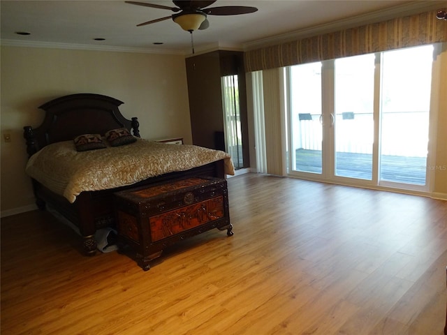 bedroom featuring ornamental molding, access to exterior, light wood-type flooring, and ceiling fan