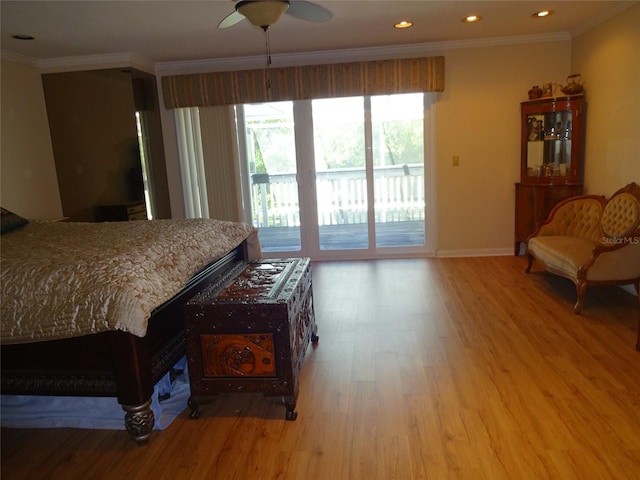 bedroom featuring ceiling fan, access to outside, light hardwood / wood-style flooring, and ornamental molding