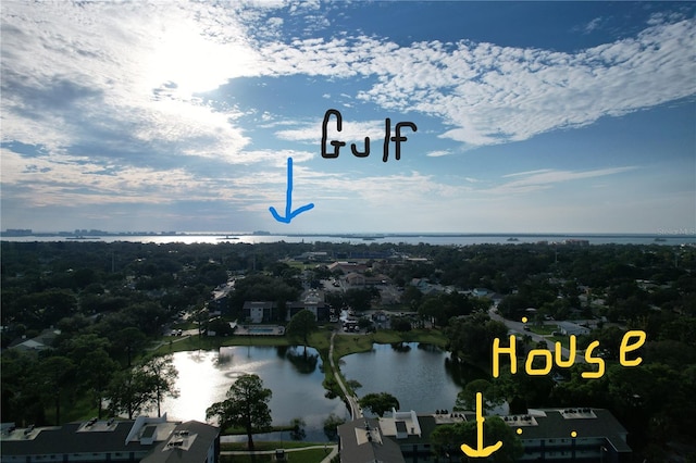 birds eye view of property featuring a water view