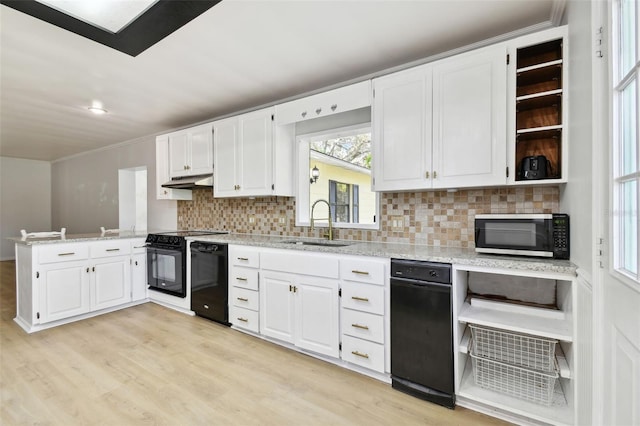 kitchen with white cabinetry, black appliances, and sink