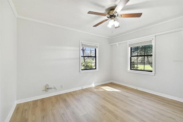 unfurnished room with ceiling fan, ornamental molding, and light hardwood / wood-style flooring