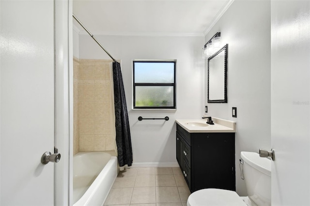 full bathroom with toilet, ornamental molding, shower / bath combo, vanity, and tile patterned floors