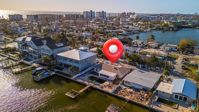 drone / aerial view featuring a water view