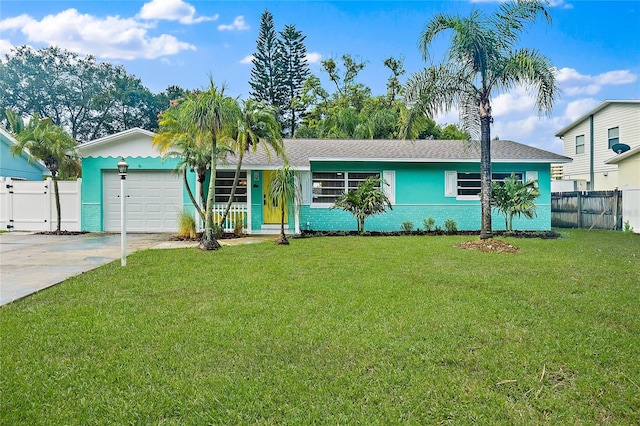 single story home featuring a front lawn and a garage