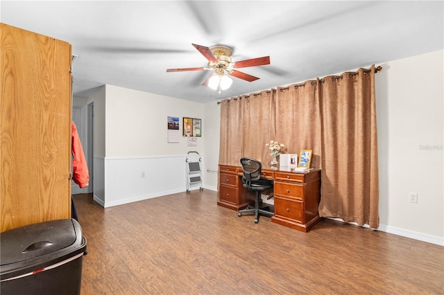 5621 Moog Rd, New Port Richey, FL 34652 - office area with dark wood finished floors, ceiling fan, wainscoting, and baseboards
