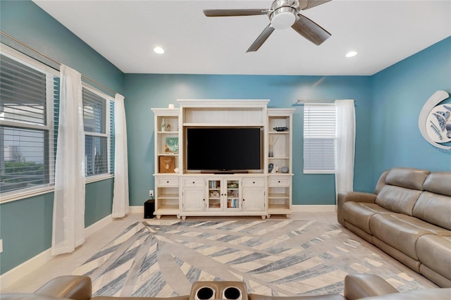 living room with ceiling fan