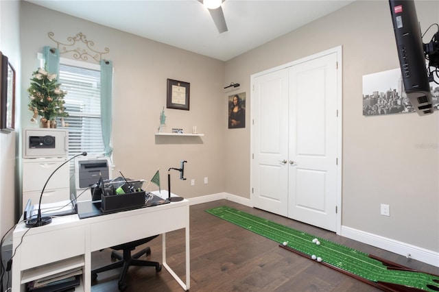 office space with dark wood-type flooring and ceiling fan