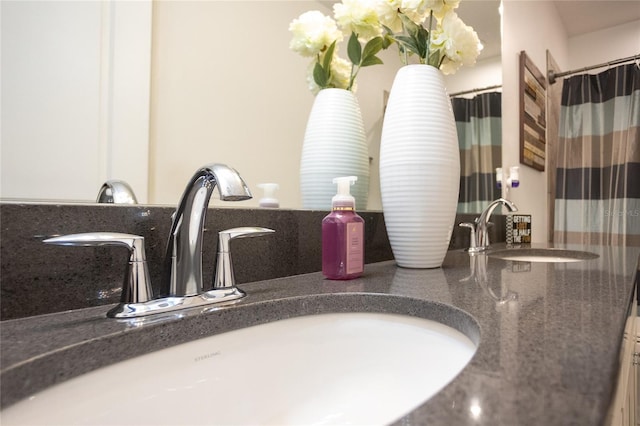 interior details with vanity and a shower with shower curtain