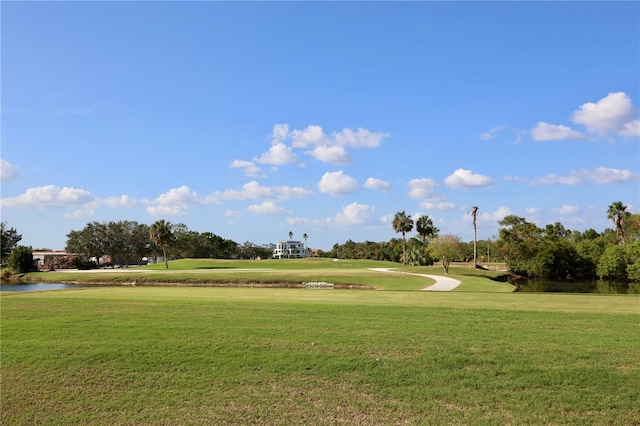 view of property's community with a water view and a lawn