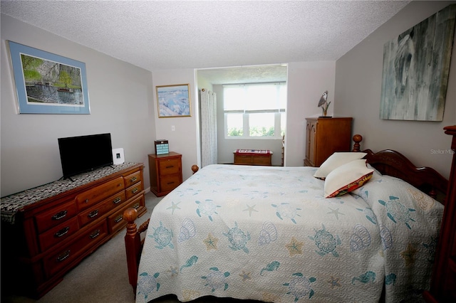 bedroom featuring carpet flooring and a textured ceiling