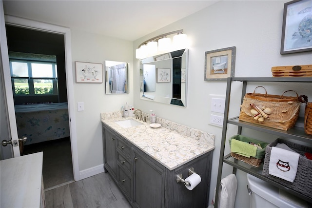 bathroom featuring toilet, hardwood / wood-style floors, and vanity