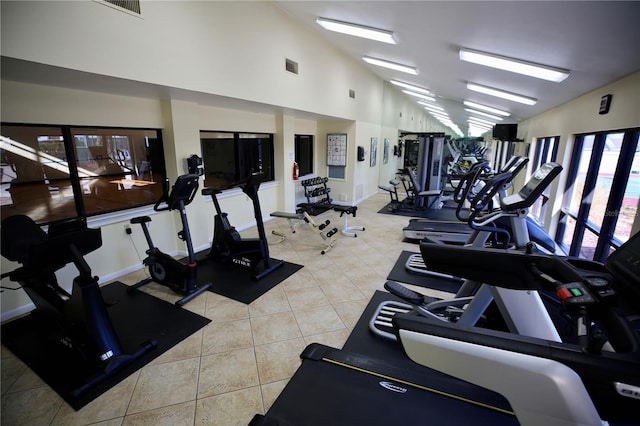 exercise room featuring a wealth of natural light, lofted ceiling, and light tile patterned flooring