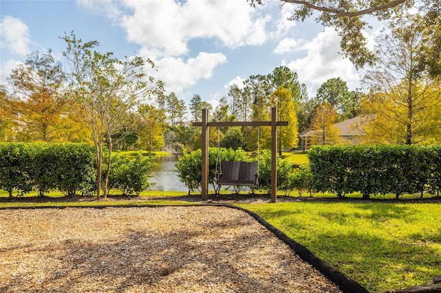 view of yard with a water view