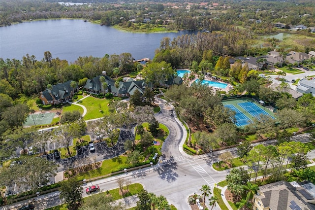 drone / aerial view with a water view