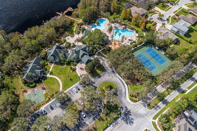 aerial view featuring a water view