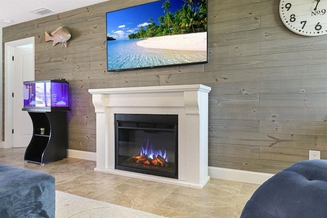 living room featuring wooden walls