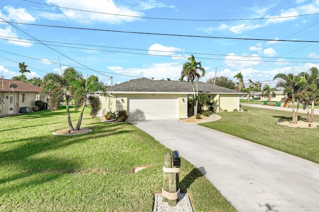 ranch-style home with a front lawn and a garage