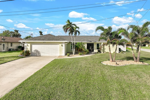 ranch-style home with a front yard and a garage