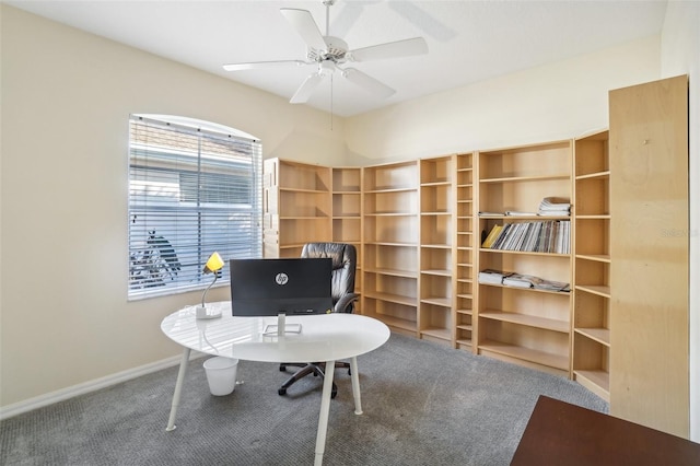 office space with ceiling fan and carpet