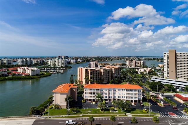 drone / aerial view with a water view