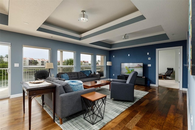 living room featuring crown molding, a raised ceiling, and hardwood / wood-style floors