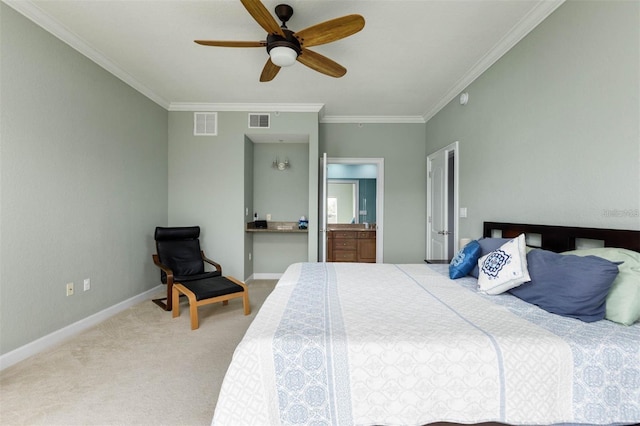 carpeted bedroom featuring ornamental molding and ceiling fan