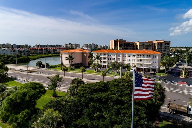 exterior space with a water view