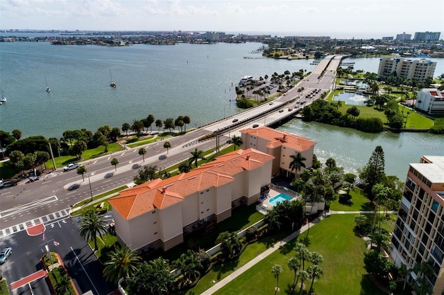 drone / aerial view with a water view