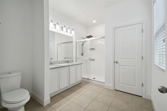 bathroom featuring tile patterned flooring, vanity, toilet, and an enclosed shower