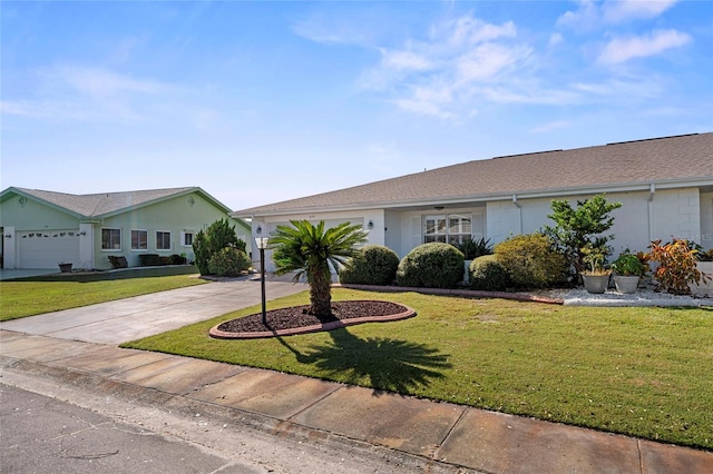 single story home featuring a garage, driveway, a front lawn, and stucco siding