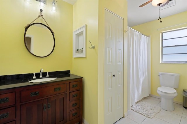 bathroom featuring ceiling fan, tile patterned flooring, vanity, and toilet