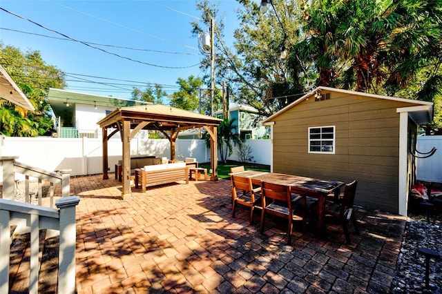 view of patio with a gazebo and an outdoor hangout area