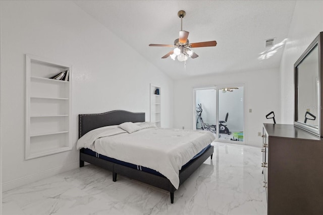 bedroom with a textured ceiling, high vaulted ceiling, and ceiling fan