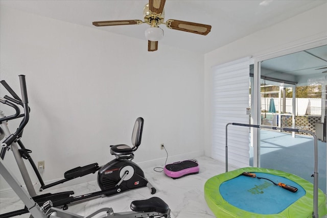 workout area with ceiling fan