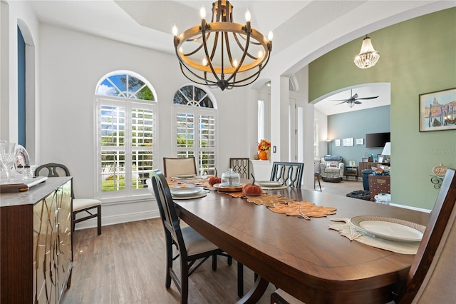 dining area featuring light hardwood / wood-style floors and ceiling fan