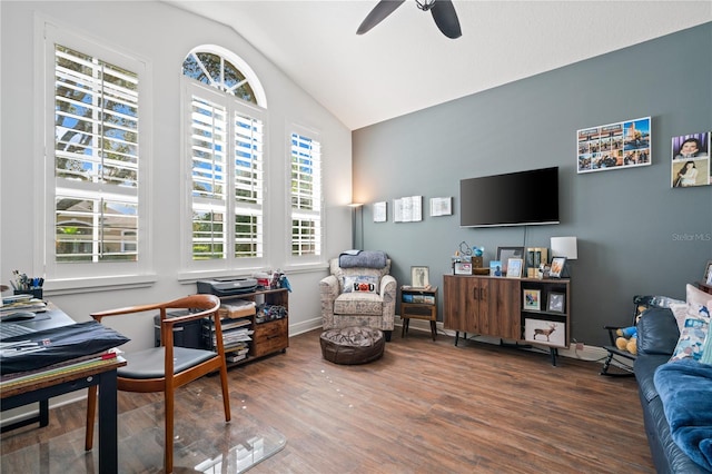 interior space with vaulted ceiling, wood-type flooring, and ceiling fan