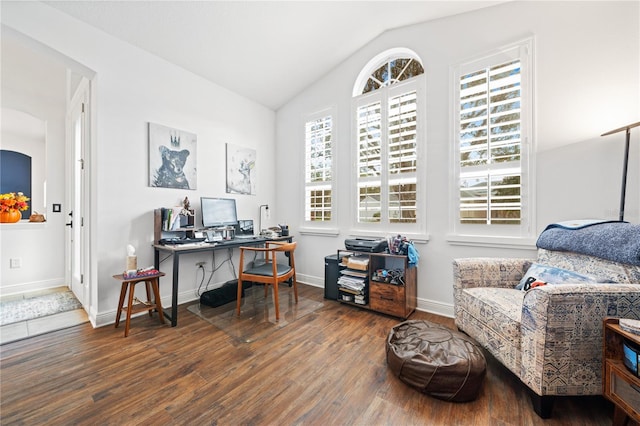 home office featuring lofted ceiling and dark wood-type flooring