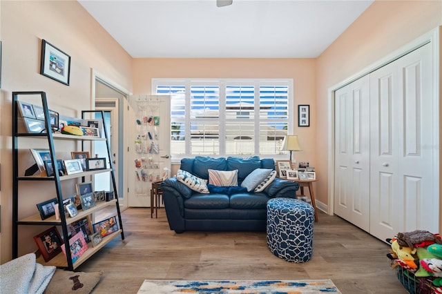 living area with light hardwood / wood-style floors